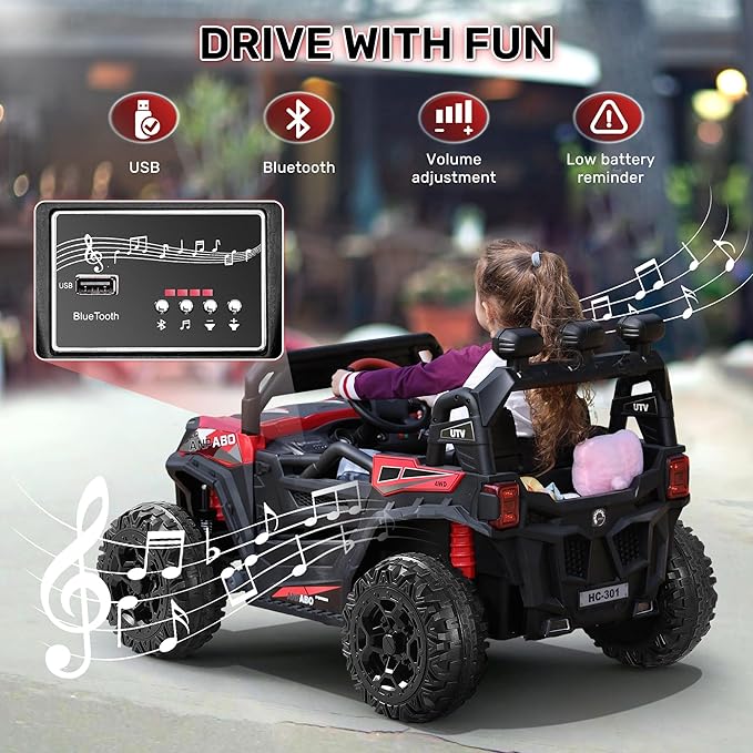 ANPABO 24V 4X4 Ride on Car Truck w/Remote Control, 4WD/2WD Switchable Kids UTV, 19" Spacious Seat, 4 Shock Absorbers, Soft Start, Music Player, Electric Car for Kids Ages 3+(Red)-CubbioJoy
