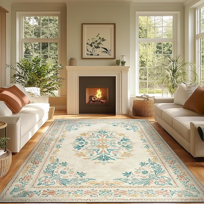 jinchan Vintage Floral 8x10 Area Rugs for Living Room - Machine Washable Distressed Design Soft Throw Rug Thin Non-Slip Large Carpet for Bedroom Nursery Dining Room Home Office(8x10ft,Apricot)-CubbioJoy