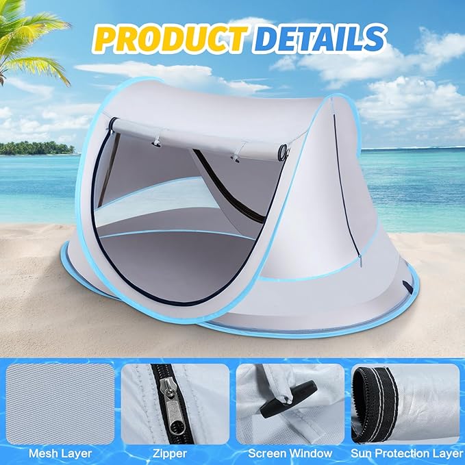 Baby Beach Tent with Baby Hat, Pop Up Toddler Travel Bed with Sun Hat for Boys or Girls, Sun Shade for Toddler Camping, Infant Portable Sun Shade, Summer Beach Baby-CubbioJoy