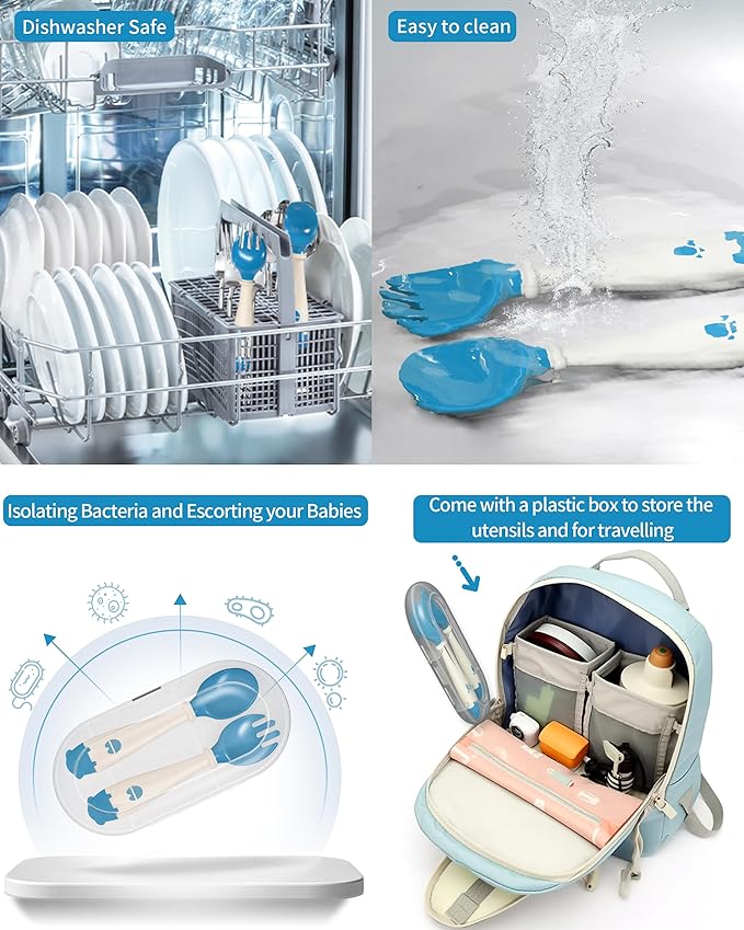 Deejoy Toddler Utensils, Self-feeding Flatware Set withTravel Case, Baby Spoons and Forks with Silicone Bendable Handle, Easy Grip Heat-Resistant, Ideal for Kids, Stage 2 (Blue)-CubbioJoy