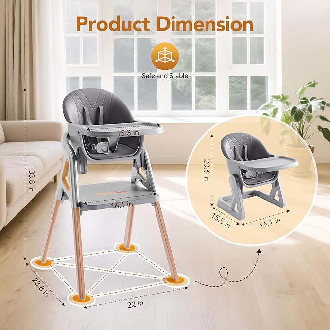 CoziBB Baby High Chair, 6 in 1 Convertible Growing Baby Highchairs for Babies and Toddlers, Baby Chair with Adjustable Dining Tray and Seat, 5-Point Safety Belt, Grey-CubbioJoy
