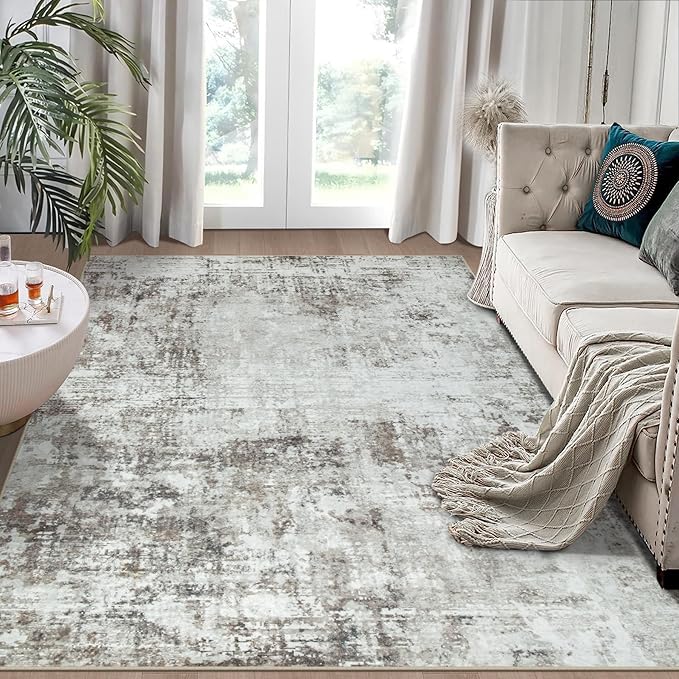 5x7 Area Rugs for Living Room Rug Washable: Modern Rug for Dining Room Bedroom Carpet Non Slip Low Pile 5 by 7 Indoor Abstract Nursery Home Office Brown Grey-CubbioJoy