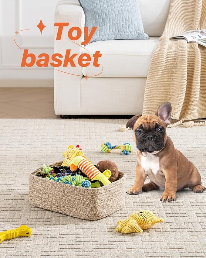 KALLAX Small Woven Basket, 13.5 x 9.5 x 5 Inches, Storage Basket for Organizing, Cute Small Rope Shelf Closet Cube Storage Bins Baskets for Shelves, Dog Toy Gift Baskets Empty, 3 Packs, Mixed Brown-CubbioJoy