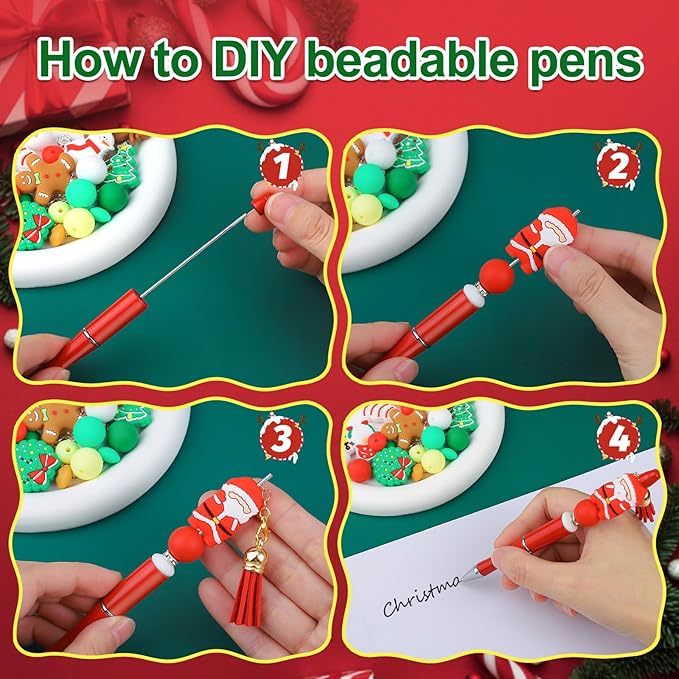 CZWZ 8 Pcs Christmas Beadable Pens, Plastic Beadable Pens with Multicolor Silicone Beads, Christmas Snowman Pine Tree Floral Hoop Deer Pens for Christmas Gifts Office School Supplies-CubbioJoy