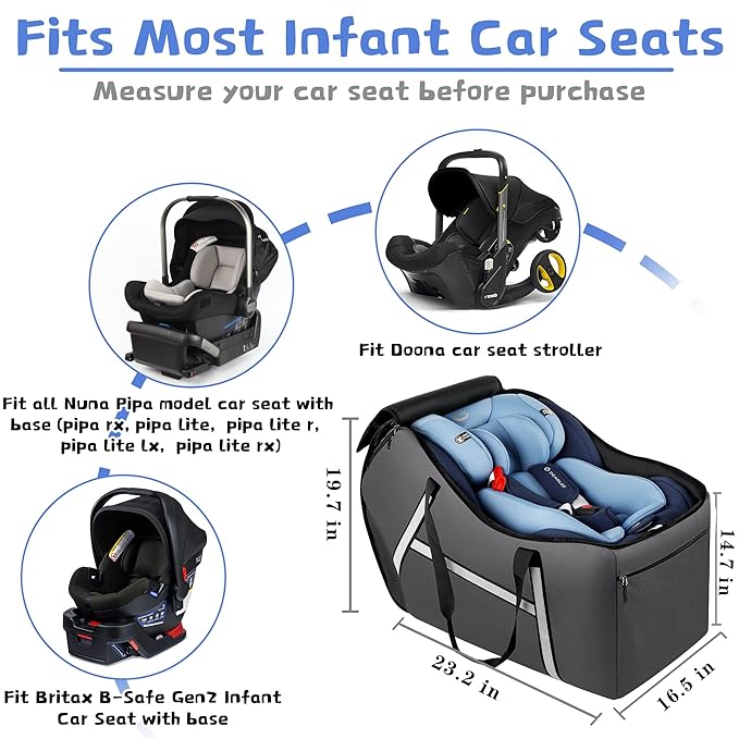 Infant Car Seat Travel Bag for Airplane Compatible with All Nuna Pipa Car Seat and Base,Chicco KeyFit 30 and Base, Padded Car Seat Bags for Air Travel,Car Seat Gate Check Bag with Side Pocket, Gray-CubbioJoy