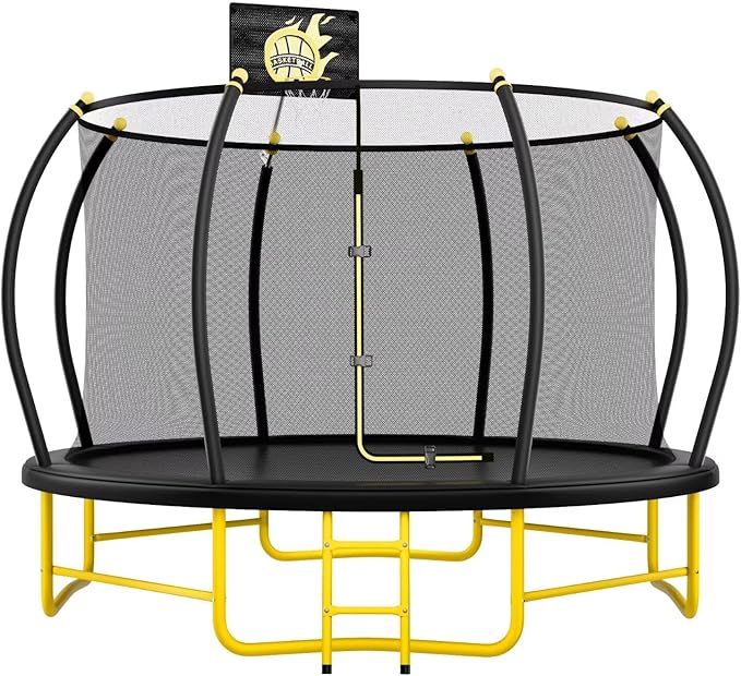 14FT Pumpkin Trampoline with Basketball Hoop, Balance Bar and Enclosure Net, Outdoor Trampoline for Kids and Adults, Capacity 880 lbs-CubbioJoy