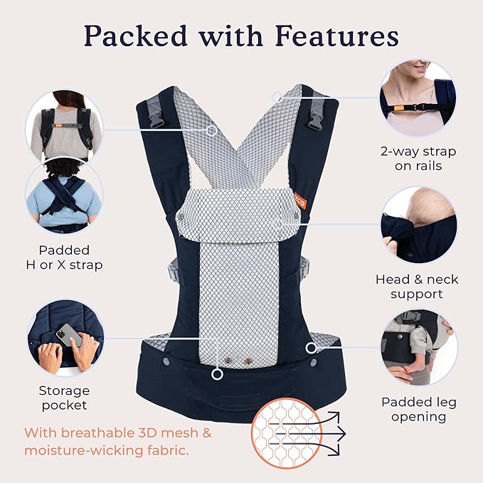 Beco Gemini Baby Carrier from Newborn to Toddler - Certified Ergonomic Newborn Baby Carrier for Infants and Children of 7-35 lbs - M Shape, Adjustable Seat, Breathable 3D Mesh (Cool Navy)-CubbioJoy