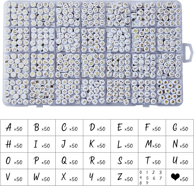 1400pcs Letter Beads, 4x7 mm Acrylic Alphabet Beads, Beads for Jewelry and Bracelet Making, in 28 Grid Box (White and Gold)-CubbioJoy