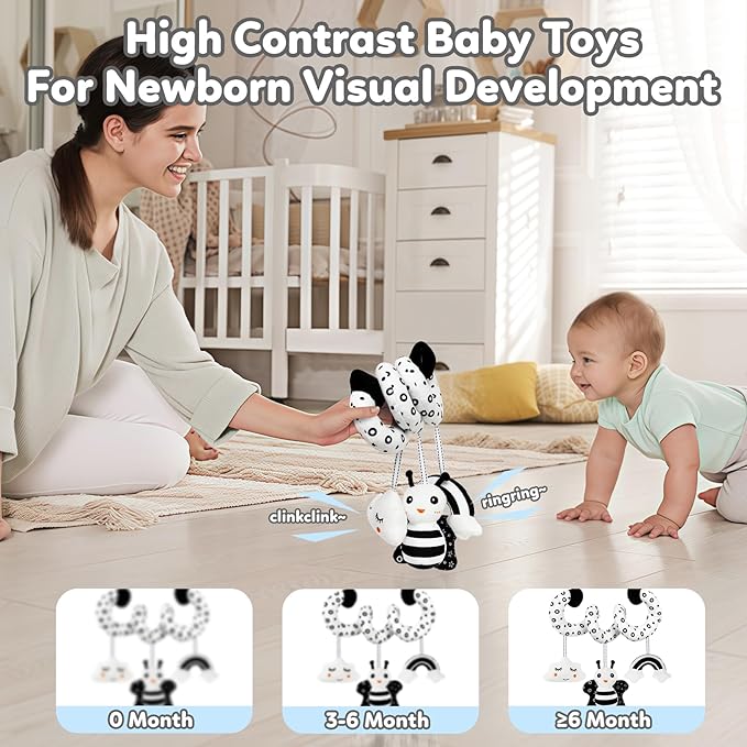 Car Seat Toy,Stroller Toys,Car Seat Toys for Babies 0-6 months Boy Girl,Spiral Hanging Stroller Black and White High Contrast Sensory Toy Newborn Plush Activity Toys Thank You Gifts for 0 3 6 9 Months-CubbioJoy