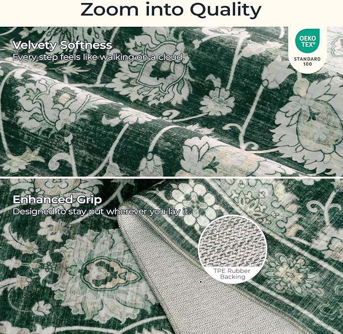 6x9 Area Rug for Living Room & Bedroom, Washable Non-Slip Floral Rugs, Soft Vintage Carpet, Low Pile Wool Carpets for Indoor Dining Home Office Playroom Under Table, Modern Decor, Dark Green-CubbioJoy