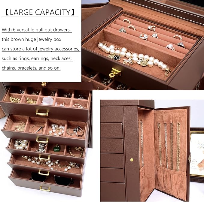 AKOZLIN Large 6-Tier Jewelry Box Organizer Functional Huge Lockable,5 Drawers Leather Jewelry Storage Case for Women Girls Ring Necklace Earring Bracelet Holder Organizer with Mirror Brown-CubbioJoy