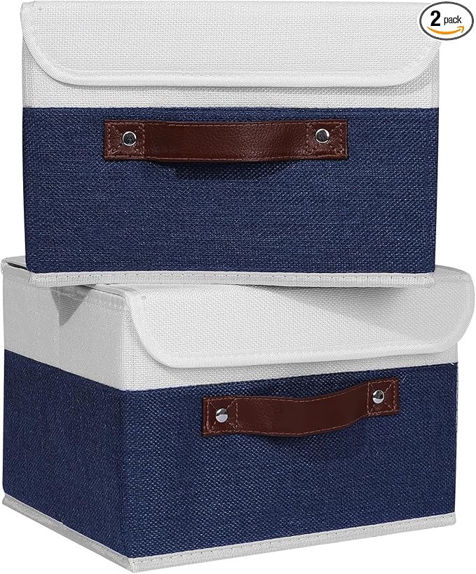 ANMINY 2PCS Storage Boxes with Lid Washable Decorative Storage Bin Basket with PU Leather Handle Foldable Linen Fabric Storage Cube Container for Home Closet Organizer - Deep Blue White, Small Size-CubbioJoy