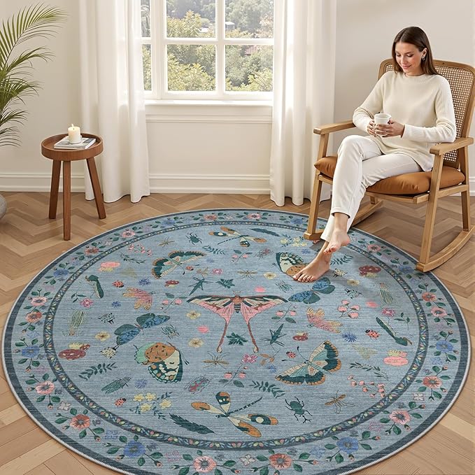 4ft Washable Round Rug - Bug Rugs for Living Room Non-Slip Low Pile Soft Ultra-Thin Machine Washable Circle Carpet for Bedroom, Entryway, Nursery, Kitchen, Home Office (4' Round Blue)-CubbioJoy