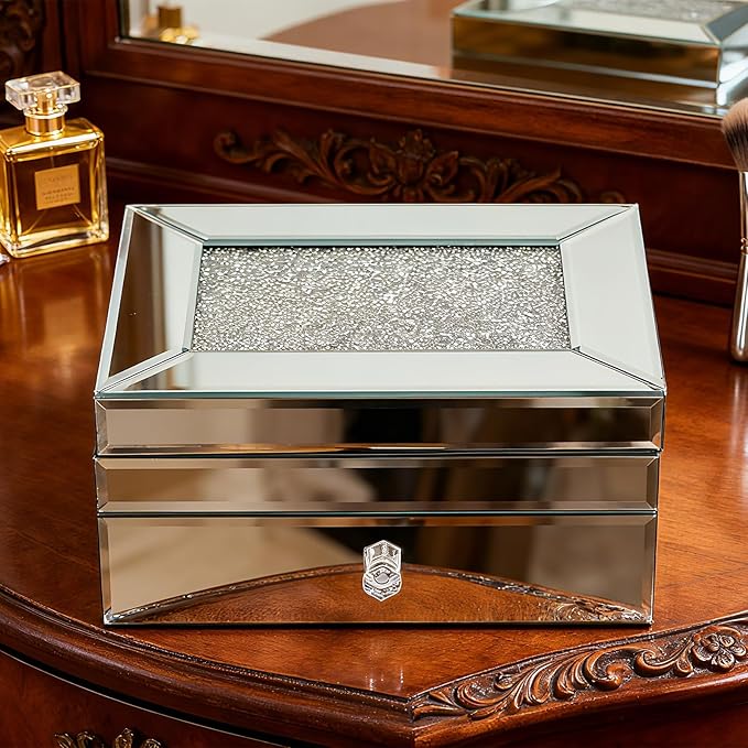 2 Layer Mirror Glass Jewelry Box with Crushed Diamond Decor, Velvet-Lined Trinket Organizer for Rings Earrings Necklaces Bracelets - Elegant Treasure Chest Storage Case for Women Girls-CubbioJoy