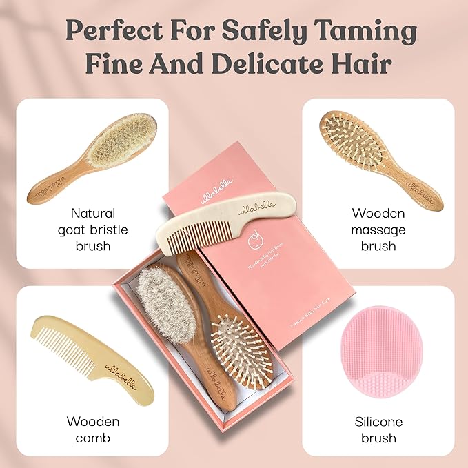 4 Piece Wooden Baby Hair Brush and Comb Set for Newborns & Toddlers in Chic Gift Box - Ultra Soft Natural Goat Hair and Wood Baby Brush Set Prevents Cradle Cap - Perfect Registry Gift (Pink)-CubbioJoy