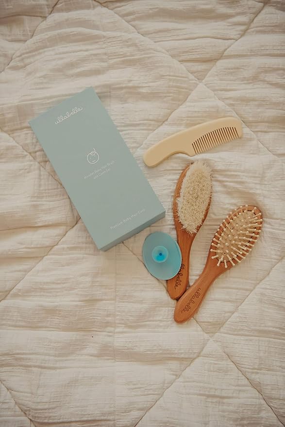 4 Piece Wooden Baby Hair Brush and Comb Set for Newborns & Toddlers in Chic Gift Box - Ultra Soft Natural Goat Hair and Wood Baby Brush Set Prevents Cradle Cap - Perfect Registry Gift (Blue)-CubbioJoy