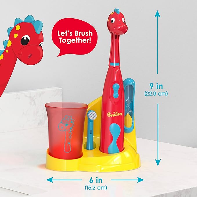 Brusheez Kids’ Electric Toothbrush Set - Safe & Effective for Ages 3+ - Parent Tested & Approved with Gentle Bristles, 2 Brush Heads, Rinse Cup, 2-Minute Timer, & Storage Base (Pepper The Dino)-CubbioJoy