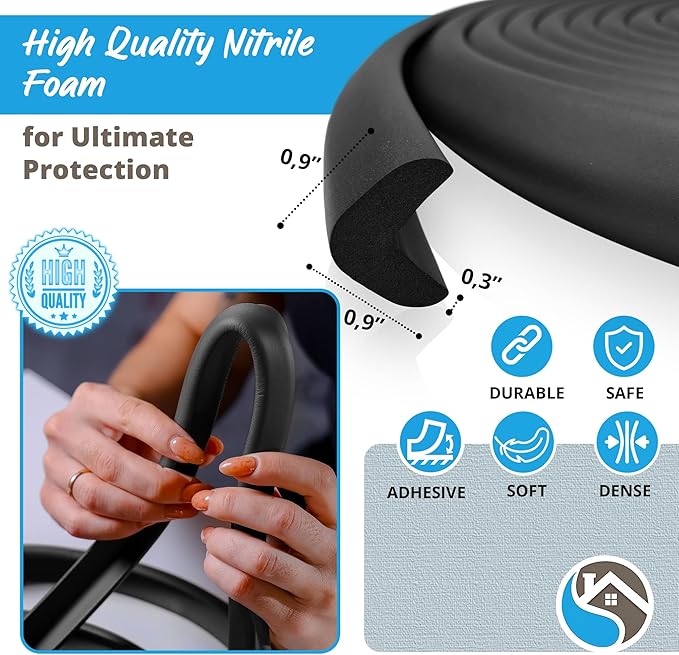 Baby Proof Corners and Edges with Furniture Corner & Edge Safety Bumpers, Impact-Absorbent 18ft Bumper & 8 Foam Corner Protectors, Cushy, Thick, Odorless Table Edge Protectors for Baby, Child | Black-CubbioJoy