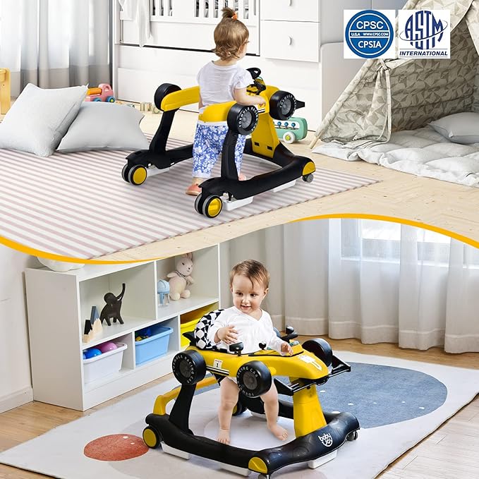 BABY JOY 4-in-1 Baby Walker, Foldable Activity Walker with Adjustable Height & Speed, Music, Lights, Anti-Rollover, Toddler Push Walker, Baby Walker with Wheels for Boys Girls 6-18 Months (Yellow)-CubbioJoy