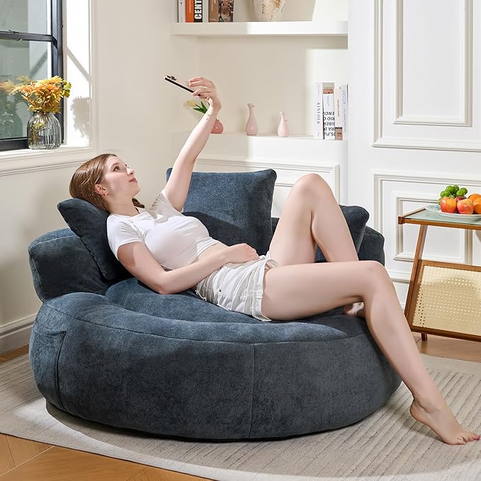 Bean Bag Chair for Adults, Comfortable Bean Bag Sofa with Back Support and Pillows, Giant Bean Bag Chairs Suitable for Living Rooms, Bedrooms and Apartments -Dark Blue-CubbioJoy