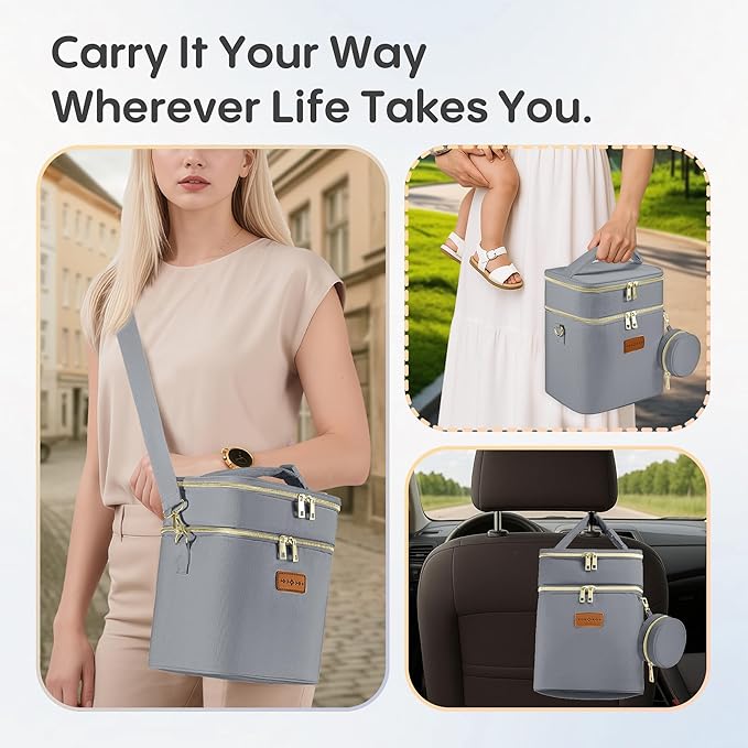 Breastmilk Cooler Bag with Ice Pack & Pacifier Case, Large Double Layer Insulated Baby Bottle Cooler Fits 6 Bottles, Breast Pump Storage Bag for Working Nursing Moms, with Gift Box-CubbioJoy