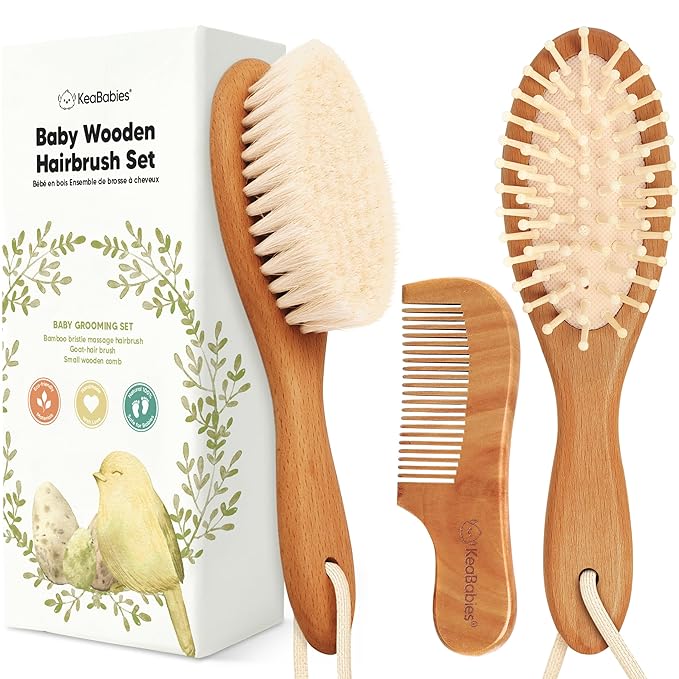 Baby Hair Brush and Comb Set for Newborn - Wooden Baby Hair Brush Set with Soft Goat Bristle, Baby Brush Set for Newborns, Baby Brush and Comb Set Girl, Boy, Toddler Cradle Cap Brush(Oval, Golden Oak)-CubbioJoy