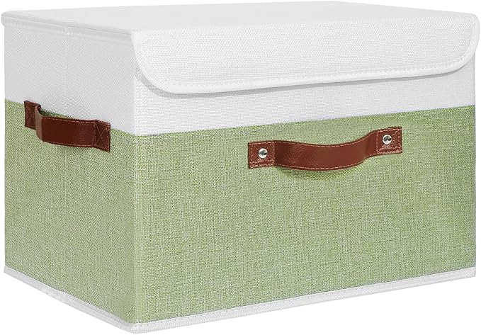 ANMINY Storage Boxes with Lids Washable Decorative Storage Bins Basket with PU Leather Handle Foldable Linen Fabric Storage Cubes Containers for Home Closet Organizer - Green White, Large Size-CubbioJoy