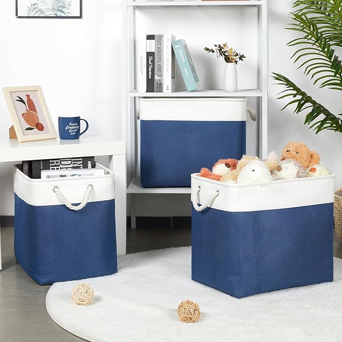 Bidtakay Extra Large Storage Baskets for Shelves 3 Pack Fabric Storage Bins for Organizing Linen Collapsible Organizer for Closet-White&Blue-CubbioJoy
