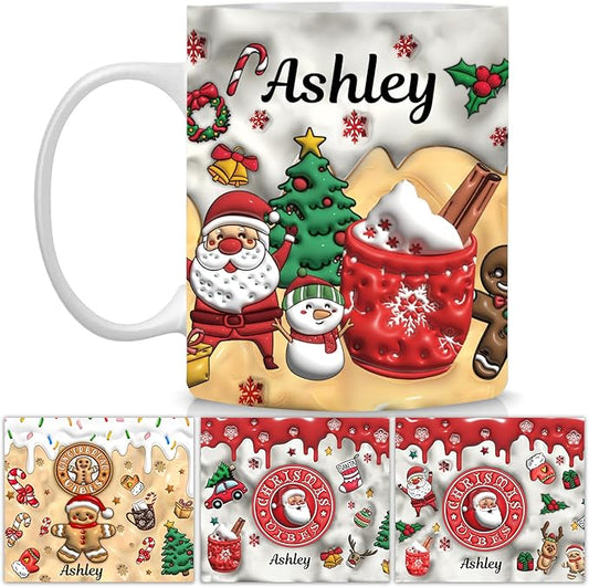Custom 3D Effect Christmas Mugs with Names, Santa Claus Coffee Mug, Personalized Reindeer Accent Mug Christmas Gifts For Women Men Friends Family Gingerbread Man Mug 11 or 15 Oz-CubbioJoy