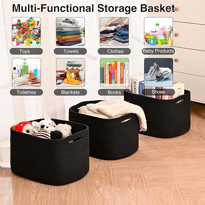 Black Storage Baskets for Organizing Shelves, Toy Basket for Nursery, Woven Cotton Rope Basket for Decor, Towel Baskets for Bathroom, 15"x11"x9.5", 3 Packs, Black-CubbioJoy