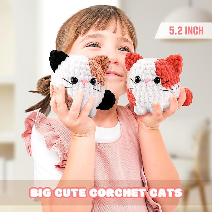 Cat Crochet Kit for Beginners-2PCS Calico Cats Crochet Kits for Adults Kids, Crochet Starter Kit with Step-by-Step Video Tutorials,Crochet Animal Kits Knitting Kit Learn to Crochet Kits-CubbioJoy