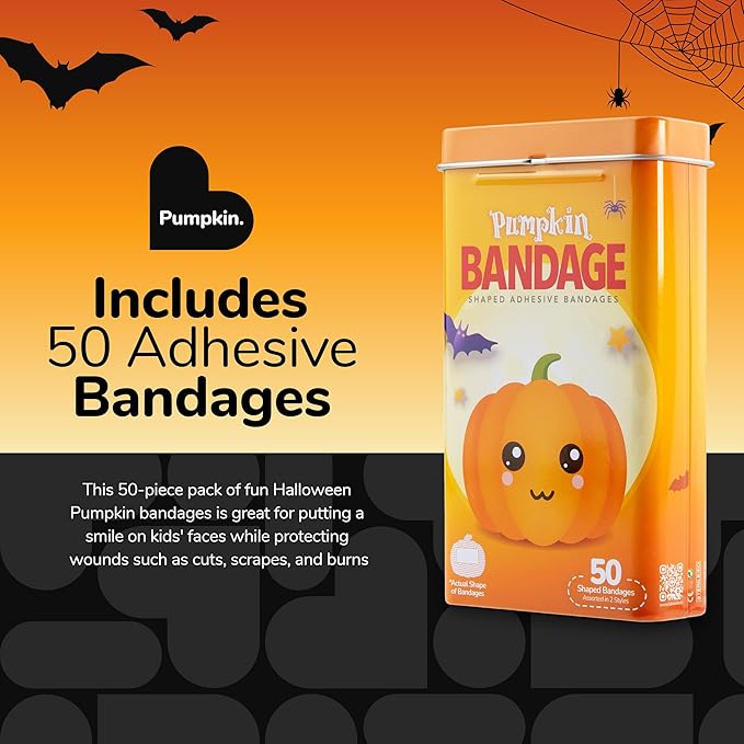 BioSwiss Bandages, Halloween Pumpkin Shaped Self Adhesive Bandage, Latex Free Sterile Wound Care, Fun First Aid Kit Supplies for Kids, 50 Count-CubbioJoy