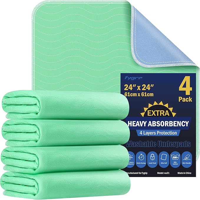 4 Pack 24” x 24” Extra Heavy Absorbency Washable Underpads, Waterproof Nursing Pads Incontinence Bed Pads, Reusable Washable Pee Pads for Dogs, Diaper Changing & Adults, Washable Puppy Pads-CubbioJoy