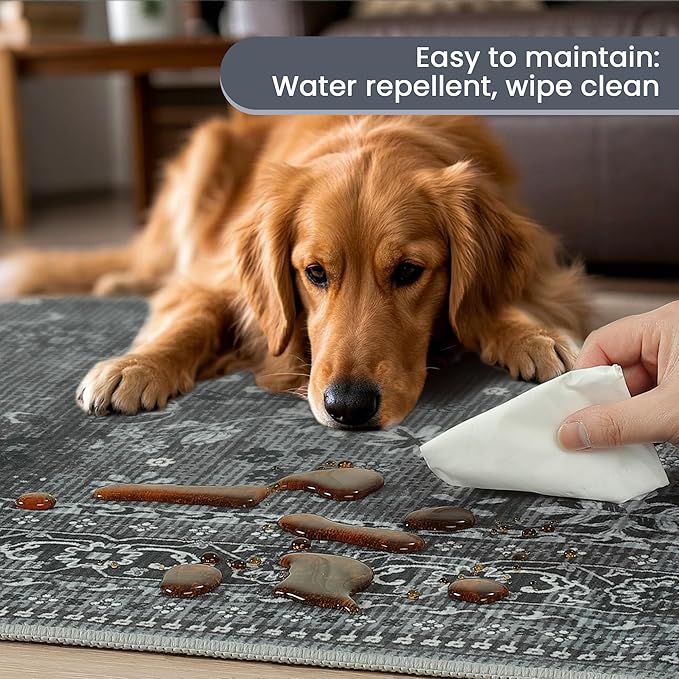 2x6 Washable Kitchen Runner Rug for Hallways, Non Slip Laundry Runners for Bathroom, Low Pile Rubber Backed Rugs for Entryway, Vintage Floral Carpet for Living Room Bedroom Black/Gray-CubbioJoy