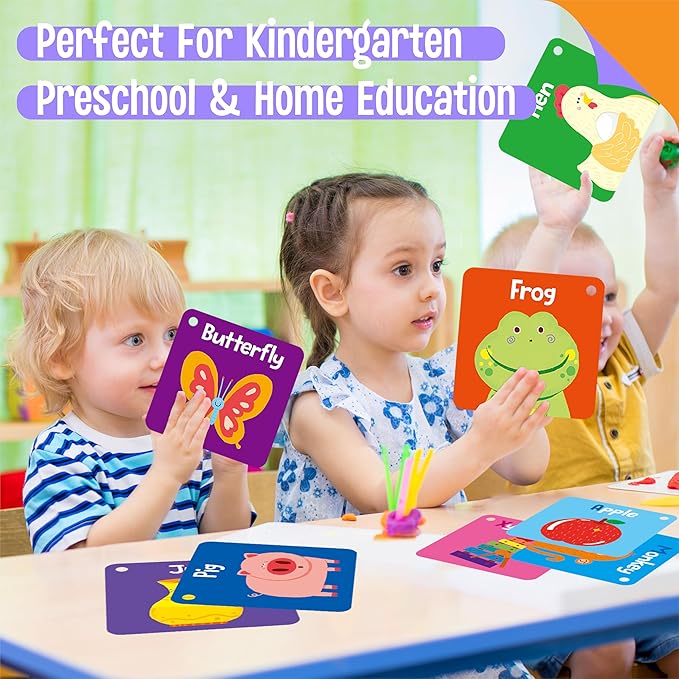 80 PCS Word Flashcards, Double Sided First Word Cards- Alphabet, Numbers, Foods, Animals, CVC Words, Colors & Shapes with 4 Reclosable Rings, Early Learning Tool for Pre-K Kindergarten Toddlers-CubbioJoy