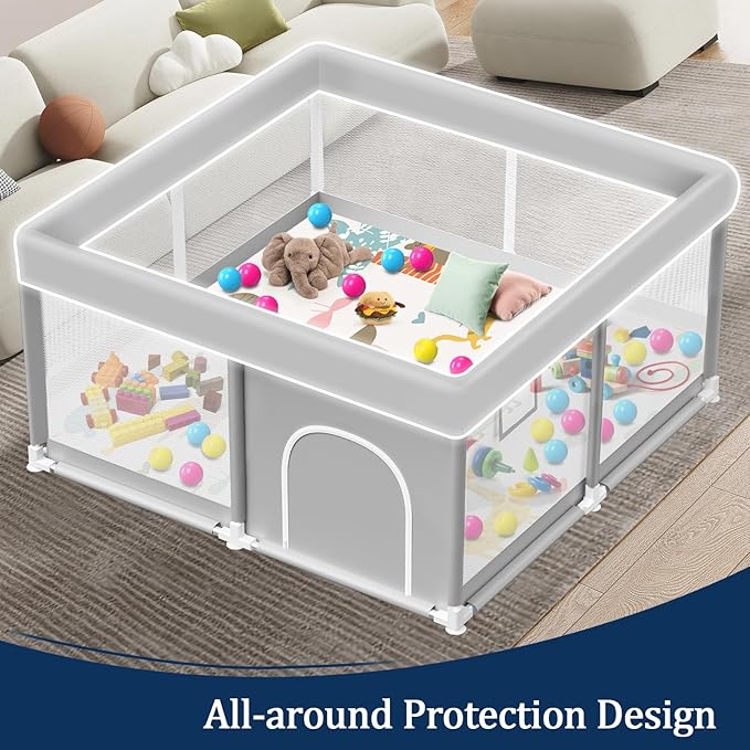 Baby Playpen with Mat, 50x50 Inch Playpen with Mat Waterproof for Babies and Toddlers Play Pen Playards Safety Gate Fence Active Center Indoor-CubbioJoy