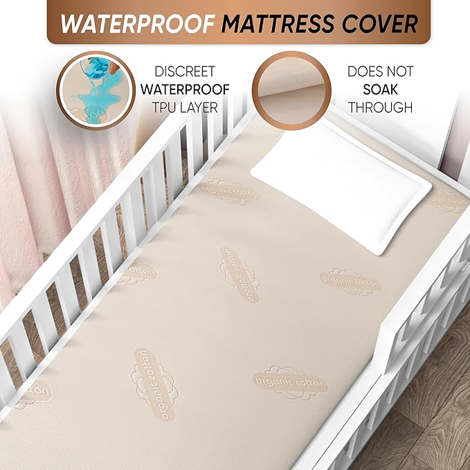 Crib Organic Mattress Protector Pad - Certified Organic Cotton Waterproof Breathable Mattress Pad Cover - 250 GSM Comfort - Deep Pocket - Fitted Comfort-CubbioJoy