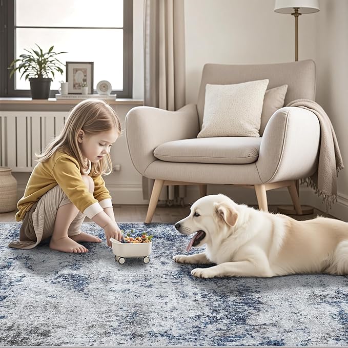 Area Rug Living Room Rugs: 5x7 Abstract Washable Rugs Ultra Soft Carpets with Non-Slip Backing Stain Resistant Carpet for Dining Room Table Bedroom Nursery Indoor Home Office Blue/Gray/Black-CubbioJoy