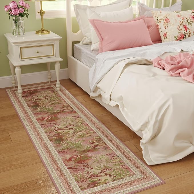 2x6 Runner Rug Impressionist-Style Vintage Kitchen Rugs Non Slip Washable Soft Carpet Runner for Kitchen Laundry Bedroom Bathroom, Pink-CubbioJoy