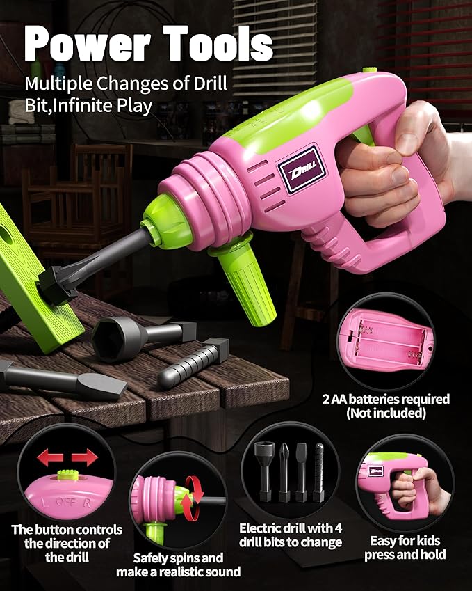 Deejoy 54Pcs Large Kids Tool Set with Electric Saw & Electronic Toy Drill, Pretend Play Kids Construction Set for Toddler 3-5 Years Old, Toddler Tool Set-Pink-CubbioJoy