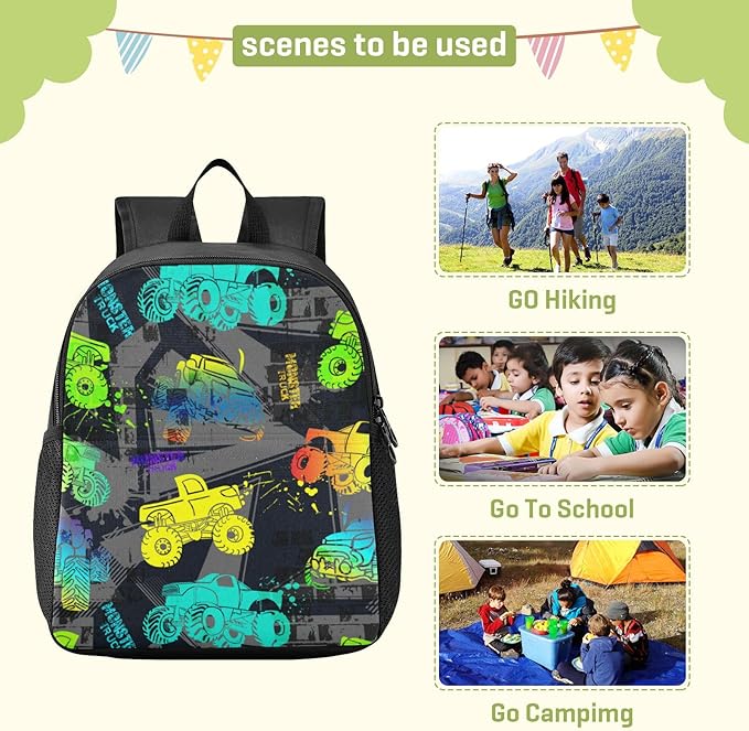Colorful Monster Truck Toddler Backpack Waterproof Mini Backpack Boys/Girls Cute Small Kindergarten Pre School Bag-CubbioJoy