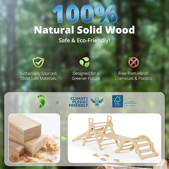 BlueWood 10-in-1 Pikler Triangle Set, Toddler Climbing Toys Indoor, Montessori Climber, Baby Jungle Gyms with Arch, Extra Rope Ladder & Footprint Balance Beam - Natural Rustic-CubbioJoy