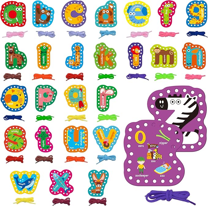 26PCS Alphabet Lacing Cards, Lowercase Letters Sewing Kit with 26 Double-Sided Cards and 26 Colorful Laces Alphabet Learning Toy Motor Skills Art Crafts for Toddlers, Kids, Students-CubbioJoy