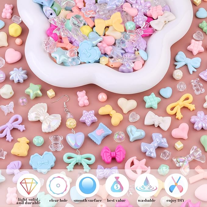 Assorted 170-230PCS Macaroon Color Acrylic Beads For Bracelet Making, Bow Butterfly Candy GummyBear Aesthetic Bracelet Charms,Cute Beads For Jewelry Making DIY Necklace Keychain Phone Charm-CubbioJoy