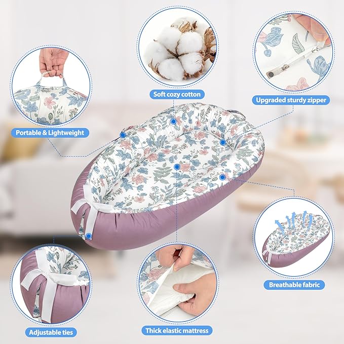 Baby Lounger - Breathable & Soft Baby Nest, Portable and Lightweight Tummy Time Lounger for Home and Travel, Ideal Newborn Babies Essentials Baby Shower Gifts-CubbioJoy