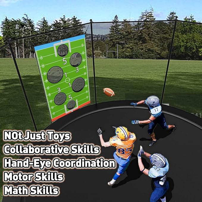 jumpfly Trampoline Football Game Accessories, Toss Throwing Target Net Fits 8 FT/10 FT/12 FT/14 FT Recreational Trampolines with Two Footballs - Trampoline Indoor Outdoor Party Games for Kids-CubbioJoy