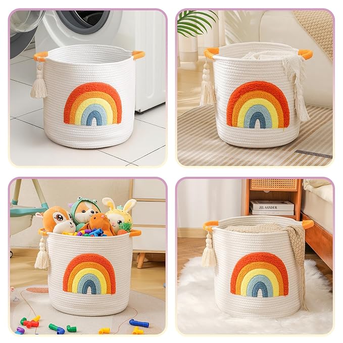 INough Toy Storage Baskets Woven Cotton Rope Storage Basket Kids Blanket Baskets for Living Room, Toys Organizer with Embroidery Colorful Rainbow Decor, Baby Basket for Laundry Nursery (Boho Rainbow)-CubbioJoy