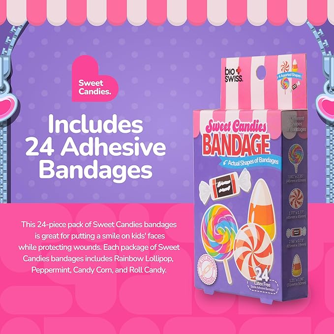 BioSwiss Bandages, Sweet Candies Shaped Self Adhesive Bandage, Latex Free Sterile Wound Care, Fun First Aid Kit Supplies for Kids and Adults, 24 Count-CubbioJoy