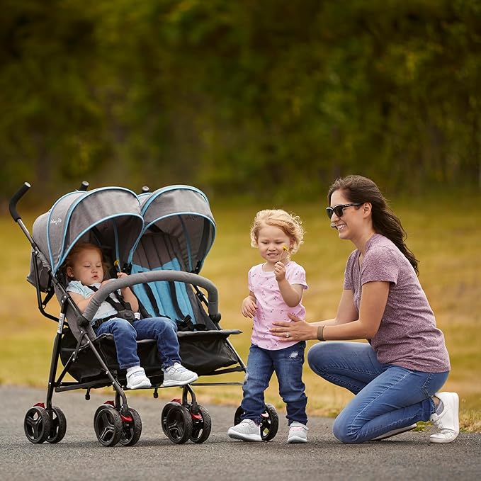 Dream On Me Volgo Twin Umbrella Stroller in Blue, Lightweight Double Stroller for Infant & Toddler, Compact Easy Fold, Large Storage Basket, Large and Adjustable Canopy-CubbioJoy