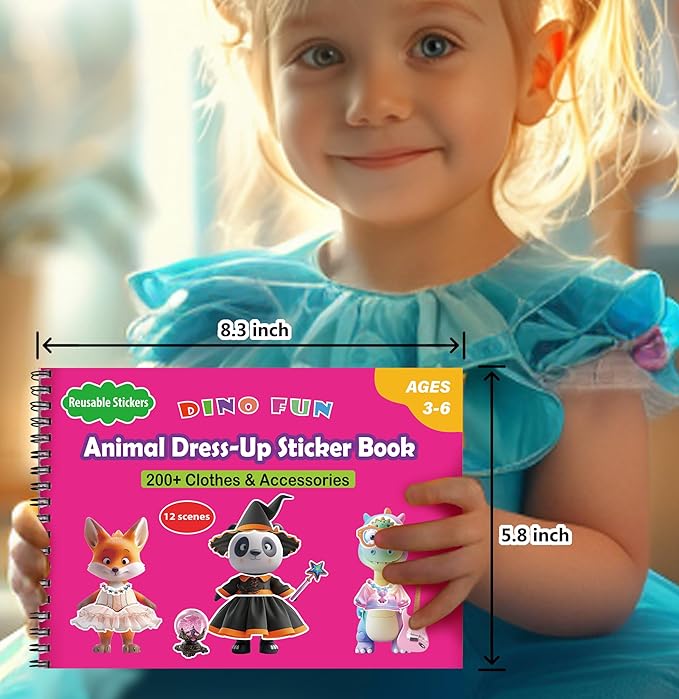 Dino Fun Animal Dress-up Sticker Book for Kids, Reusable Sticker Book for Toddlers 2-4 Years,12 Animals+Over 200 Cloths & Accessories,Sticker Dress up - Removable Sticker Activity Book for Girls-CubbioJoy